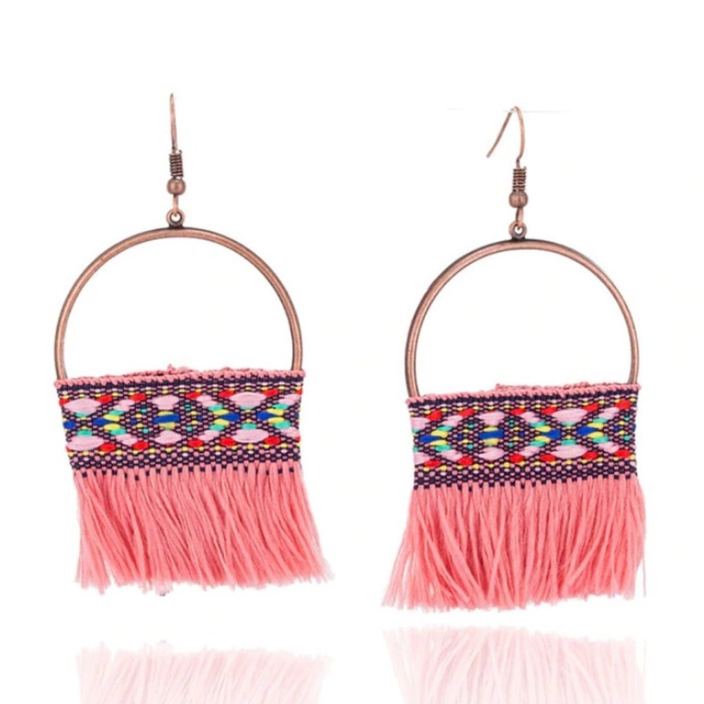 Boho embroidered tassel dangle statement earrings